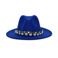 Detail of royal blue wool fedora featuring ethnic woven band and white seashell ornaments - M (56-58cm) / Sapphire Blue