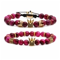 Set of two beaded bracelets with pink cat-eye stones and black micro-pave gold crowns - Tiger Eye Set