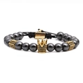 Elegant beaded bracelet with gold crown charm and charcoal grey stones on black cord - Dark Grey Hematite Woven Style