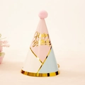Pink and blue Happy Birthday party hat with gold foil details and pom-pom top - Geometric Pink Style