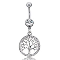 Silver Tree of Life belly button ring with sparkling rhinestones and stainless steel finish - White