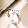 S925 sterling silver open ring featuring a cross design with irregular folded texture - Adjustable Open / White Gold