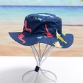 Cappello a secchiello blu scuro per bambini con stampa di dinosauri e protezione solare - Dinosauro a Passeggio (Blu Navy)