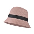 Detailed view of woven straw sun hat texture with elegant wide black ribbon band decor - M (56-58cm) / Purple