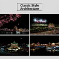 A4 City Night Ancient Architecture Scratch Art Set with four unique vintage building scenes - A4 Size / Ancient Chinese Architecture