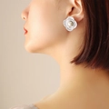 Elegant silver irregular flower stud earrings with pearl center in hammered finish - F600-Steel Color Earrings