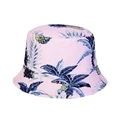 Dettaglio di un cappello a secchiello rosa con stampe tropicali di palme e ananas decorati - M (56-58cm) / Rosa