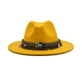 Bright yellow wide-brim fedora with ethnic beaded band and bohemian tassel details - M (56-58cm) / Yellow