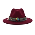 Detailed view of burgundy wool fedora with bohemian beadwork and turquoise accent - M (56-58cm) / Burgundy