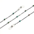 Colorful beaded sunglasses chain with silver metal links and silicone loops on white background - Rainbow Beaded Chain Style