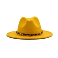 Bright yellow wide brim wool fedora hat with leopard print band and gold metal star studs - M (56-58cm) / Yellow