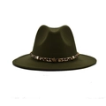 Detail of olive green fedora hat featuring leopard print band and gold star rivets - M (56-58cm) / Army Green