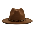 Detail of a brown fedora hat featuring a leopard print band and gold star metal studs - M (56-58cm) / Khaki