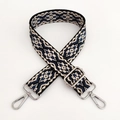 Detail of 3.8cm jacquard ethnic geometric bag strap with silver swivel metal hooks - Beige and Dark Blue Flower with Silver Buckle