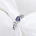 Elegant heart-shaped purple amethyst ring with silver split band and sparkling diamonds - Adjustable Open / Purple/White Gold