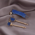 Cute dark blue cat and glitter star hair clip set with gold finish for girls - Blue Cat with Cat Head Star