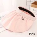Detailed view of pink sun hat featuring pleated fabric and decorative metal ring buckle - M(56-58cm) / Pink