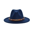 Detailed view of navy blue wool fedora featuring a brown band with a golden feather charm - Navy Blue
