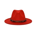 Close-up of red wide brim fedora hat featuring a bohemian beaded band and golden feather pin - Orange Red