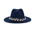 Dark blue fedora with ethnic woven band and white shell accents on wide brim hat - M (56-58cm) / Navy Blue