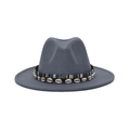 Grey wool fedora hat with bohemian woven band and natural seashell trim for women - M (56-58cm) / Light Gray