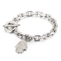 Pulsera de mano de Hamsa en acero inoxidable plateado con cierre de barra clásico - Pulsera Hamsa Color Acero (KB152764-Z)