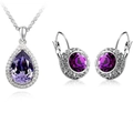 Silver jewelry set with purple waterdrop crystal necklace and round stud earrings - Necklace and Earring Set / Deep purple