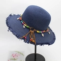Dark blue wide brim straw hat with ethnic beaded trim and tassel shell accents - M Adult (56-58cm) / Navy Blue