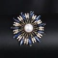 Fashion acrylic brooch with blue rhinestones and large white pearl in golden finish - BR1177-4 Gold Base Blue