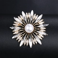 Elegant gold-tone starburst brooch with central pearl and sparkling crystal rhinestones - BR1177-3 Gold Base White