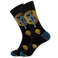 Close-up of black cotton socks featuring detailed astronaut and yellow Saturn planet patterns - Milk Astronaut