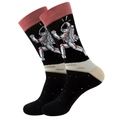 Detailed close-up of knitted crew socks with astronaut pattern and pink elastic cuffs - Running