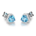 Elegant heart-shaped blue gemstone stud earrings with white zircon halo in silver finish - Blue Topaz Heart (4667328572382) / Blue Goldstone