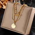 Three-layer gold titanium steel necklace with queen coin pendant and OT buckle design - Coin Pendant OT Buckle Layered Style (N1415)