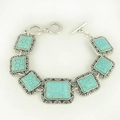 Bracelet bohème en turquoise avec monture argentée gravée et fermoir barre en T élégant - B1166 Bleu Rectangle Fermoir en T