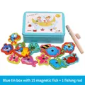 Houten magnetisch hengelspel voor kinderen met 15 zeedieren in een blauw blikje - 15 Vissen + 1 Hengel / Blauw