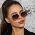 Chic small square metal sunglasses with gold frame and brown gradient lenses on model - C02 Gradient Brown