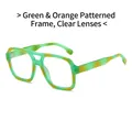 Vintage square sunglasses with green patterned frames and clear lenses in a retro style - Green Floral Frame Clear Lens