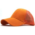 Detail view of the breathable orange mesh trucker hat with 6-panel design and curved brim - Adult 54-60CM / Orange
