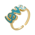 Minimalist gold adjustable love ring featuring vibrant blue enamel script lettering - Teal