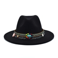 Classic black wool fedora with ethnic turquoise band and colorful bohemian tassels - M (56-58cm) / Black