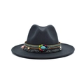 Dark grey wool fedora with bohemian ethnic band, turquoise bead and fringe tassel - M (56-58cm) / Dark Gray