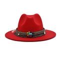 Detail of red wool fedora with turquoise beadwork and colorful braided ethnic trim - M (56-58cm) / Red