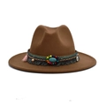 Detail of a brown fedora with bohemian ethnic band, turquoise stone, and colorful tassels - M (56-58cm) / Khaki