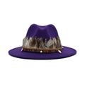 Vibrant purple felt fedora hat featuring ethnic feathers and beaded decorative trim - M (56-58cm) / Purple