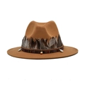 Camel wide brim fedora hat featuring ethnic feather band and bead embellishments - M (56-58cm) / Camel