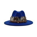 Detailed close-up of dark blue felt fedora featuring natural feathers and ethnic band - M (56-58cm) / Sapphire Blue