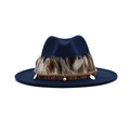 Detailed close-up of dark blue fedora with real feathers and ethnic braided ribbon - M (56-58cm) / Navy Blue