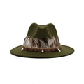 Detail of dark green fedora hat featuring ethnic woven band and authentic feather accent - M (56-58cm) / Army Green