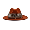 Ethnic wide brim fedora hat in rust red wool felt with feather and beaded band decoration - M (56-58cm) / Caramel color